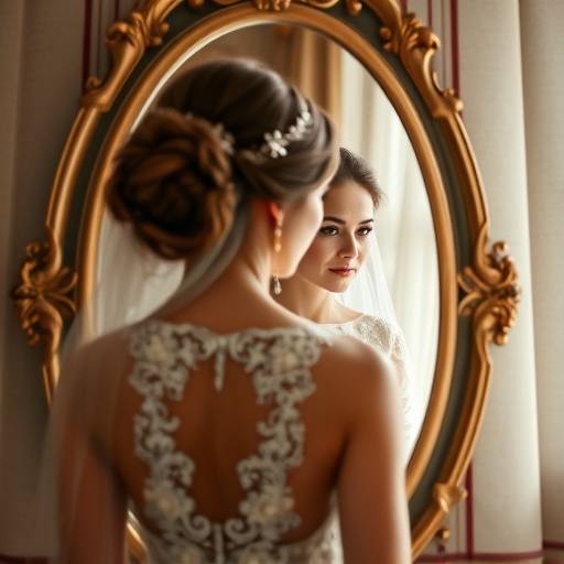 Artistic wedding photography capturing the bride's reflection in a mirror